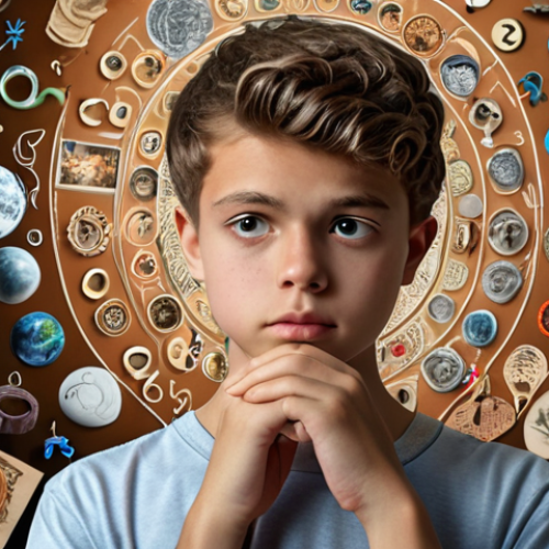 Home 15 ** A young person thoughtfully reflecting on their interests and strengths, possibly with symbols representing different hobbies and academic subjects swirling around them. The overall mood is introspective and calm.
**