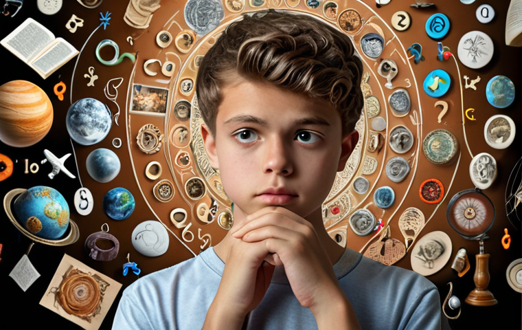 ** A young person thoughtfully reflecting on their interests and strengths, possibly with symbols representing different hobbies and academic subjects swirling around them. The overall mood is introspective and calm.
**