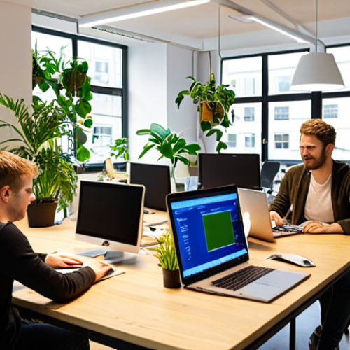 Home 14 **
A bright, modern office scene in a small tech company in Berlin. Young professionals are collaborating on a project around a table with laptops and digital screens displaying code. The atmosphere is energetic and creative, with plants and comfortable furniture adding to the workspace's appeal. Focus on conveying a sense of innovation and teamwork. The overall style should be vibrant and optimistic.
**