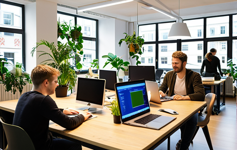 **

A bright, modern office scene in a small tech company in Berlin. Young professionals are collaborating on a project around a table with laptops and digital screens displaying code. The atmosphere is energetic and creative, with plants and comfortable furniture adding to the workspace's appeal. Focus on conveying a sense of innovation and teamwork. The overall style should be vibrant and optimistic.

**