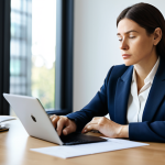 A professional woman in a modest business suit sits thoughtfully at a modern desk, surrounded by detailed notes, a tablet, and a laptop. Her expression is pensive, reflecting deep self-reflection and strategic planning. The setting is a bright, minimalist office with soft natural light streaming through a large window, creating a calm and inspiring atmosphere. Professional photography, high resolution, soft focus background, natural lighting, perfect anatomy, correct proportions, well-formed hands, proper finger count, natural body proportions, safe for work, appropriate content, fully clothed, professional dress, family-friendly.