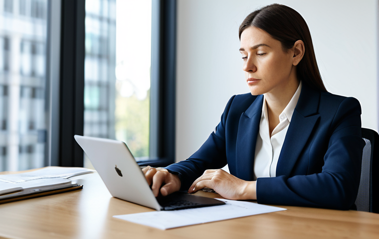 A professional woman in a modest business suit sits thoughtfully at a modern desk, surrounded by detailed notes, a tablet, and a laptop. Her expression is pensive, reflecting deep self-reflection and strategic planning. The setting is a bright, minimalist office with soft natural light streaming through a large window, creating a calm and inspiring atmosphere. Professional photography, high resolution, soft focus background, natural lighting, perfect anatomy, correct proportions, well-formed hands, proper finger count, natural body proportions, safe for work, appropriate content, fully clothed, professional dress, family-friendly.