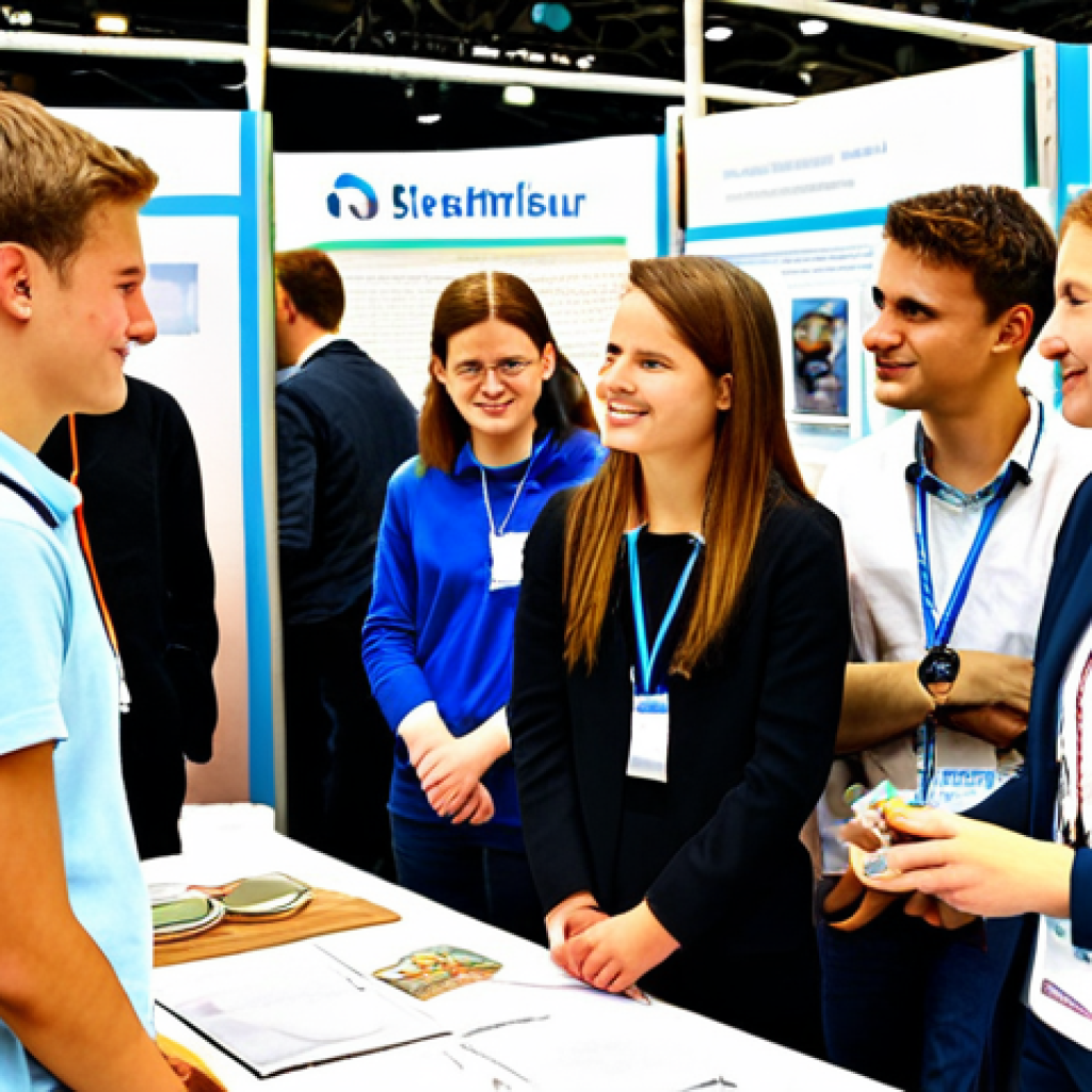 Career Fair Exploration**
"A diverse group of fully clothed young adults attentively exploring booths at a bustling Jugendberufsmesse (youth career fair) in Germany. Display booths showcase various professions: industry, handcrafts, and services. People are engaging in conversation and hands-on demonstrations. The atmosphere is vibrant and informative. Safe for work, appropriate content, family-friendly, professional setting, perfect anatomy, natural proportions, high resolution."
**