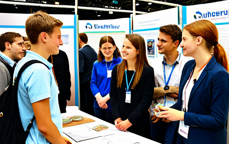 Career Fair Exploration**

"A diverse group of fully clothed young adults attentively exploring booths at a bustling Jugendberufsmesse (youth career fair) in Germany. Display booths showcase various professions: industry, handcrafts, and services. People are engaging in conversation and hands-on demonstrations. The atmosphere is vibrant and informative. Safe for work, appropriate content, family-friendly, professional setting, perfect anatomy, natural proportions, high resolution."

**