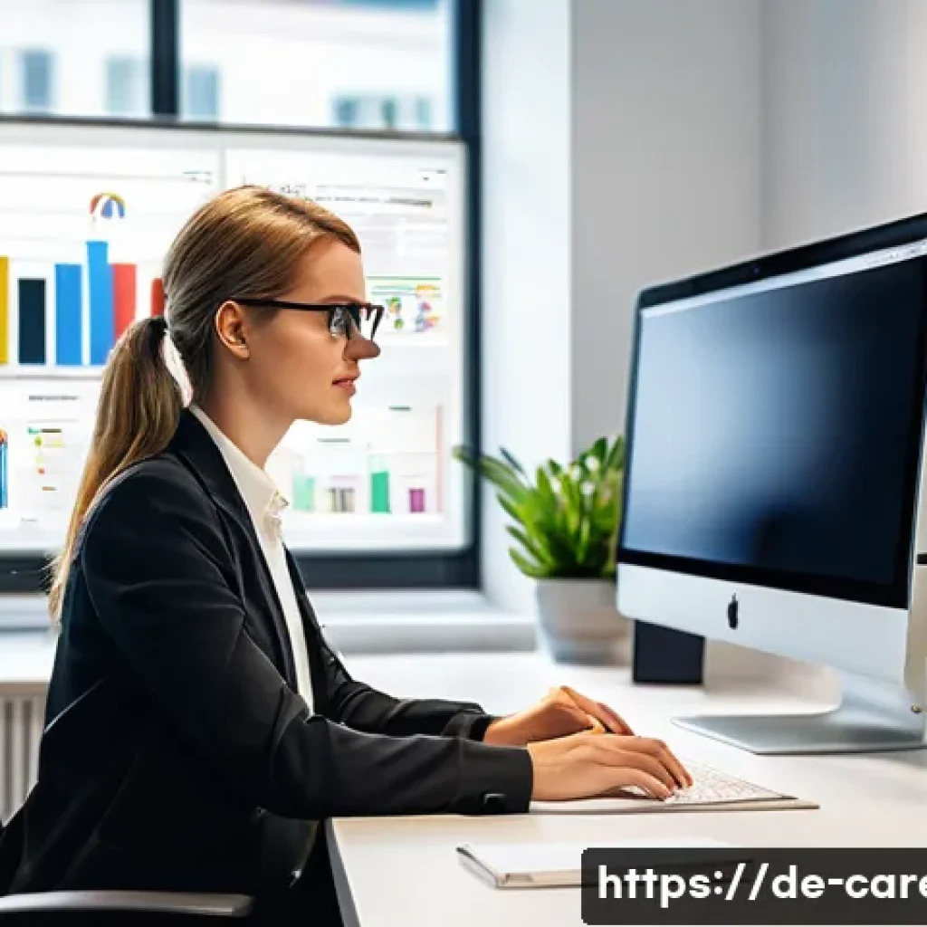 디지털 마케팅 진로 - A modern digital marketing office scene in Berlin, featuring a young professional woman working at a...