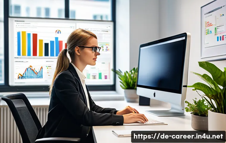 디지털 마케팅 진로 - A modern digital marketing office scene in Berlin, featuring a young professional woman working at a...