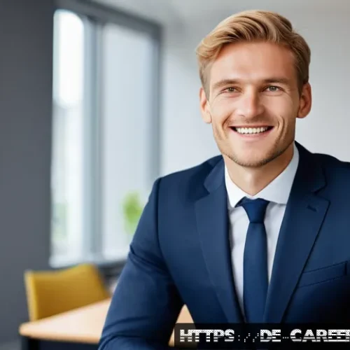 면접 준비 팁 - A professional interview scene set in a modern German office environment, featuring a confident youn...