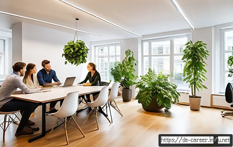 자기 분석을 통한 직업 선택 - A modern German office setting with a diverse group of young professionals engaged in a collaborativ...