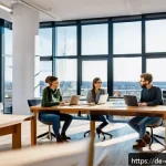 기술 분야 진로 탐색 - A modern office environment in Berlin with a diverse team of young professionals collaborating aroun...