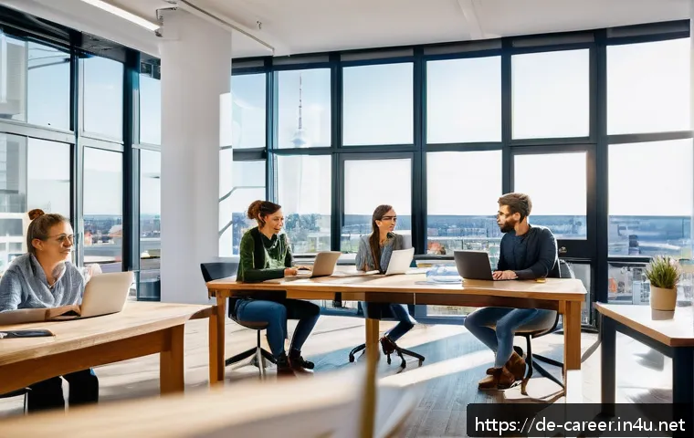 기술 분야 진로 탐색 - A modern office environment in Berlin with a diverse team of young professionals collaborating aroun...
