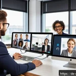 직업별 필요한 스킬 - A modern office scene showing a diverse team of professionals collaborating remotely via video confe...