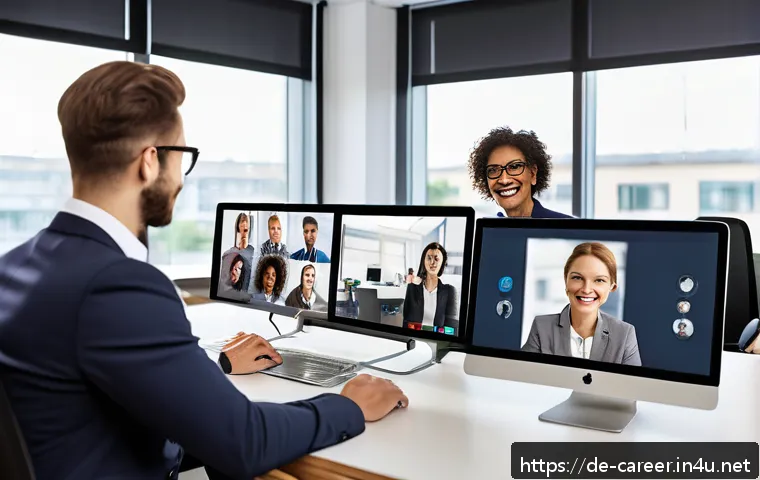 직업별 필요한 스킬 - A modern office scene showing a diverse team of professionals collaborating remotely via video confe...
