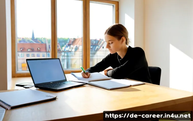 자기개발 진로 - Photorealistic career self-development scene in a bright modern apartment in Germany, confident youn...