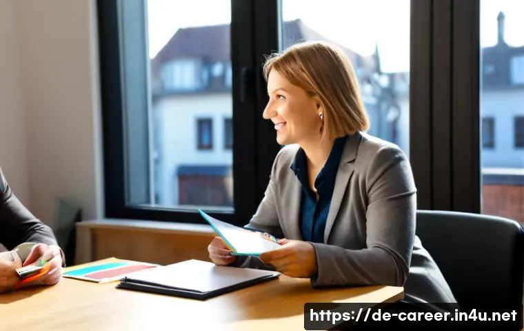 진로 카운슬링 서비스 - Photorealistic career counseling session in a bright modern German office, a friendly middle-aged co...